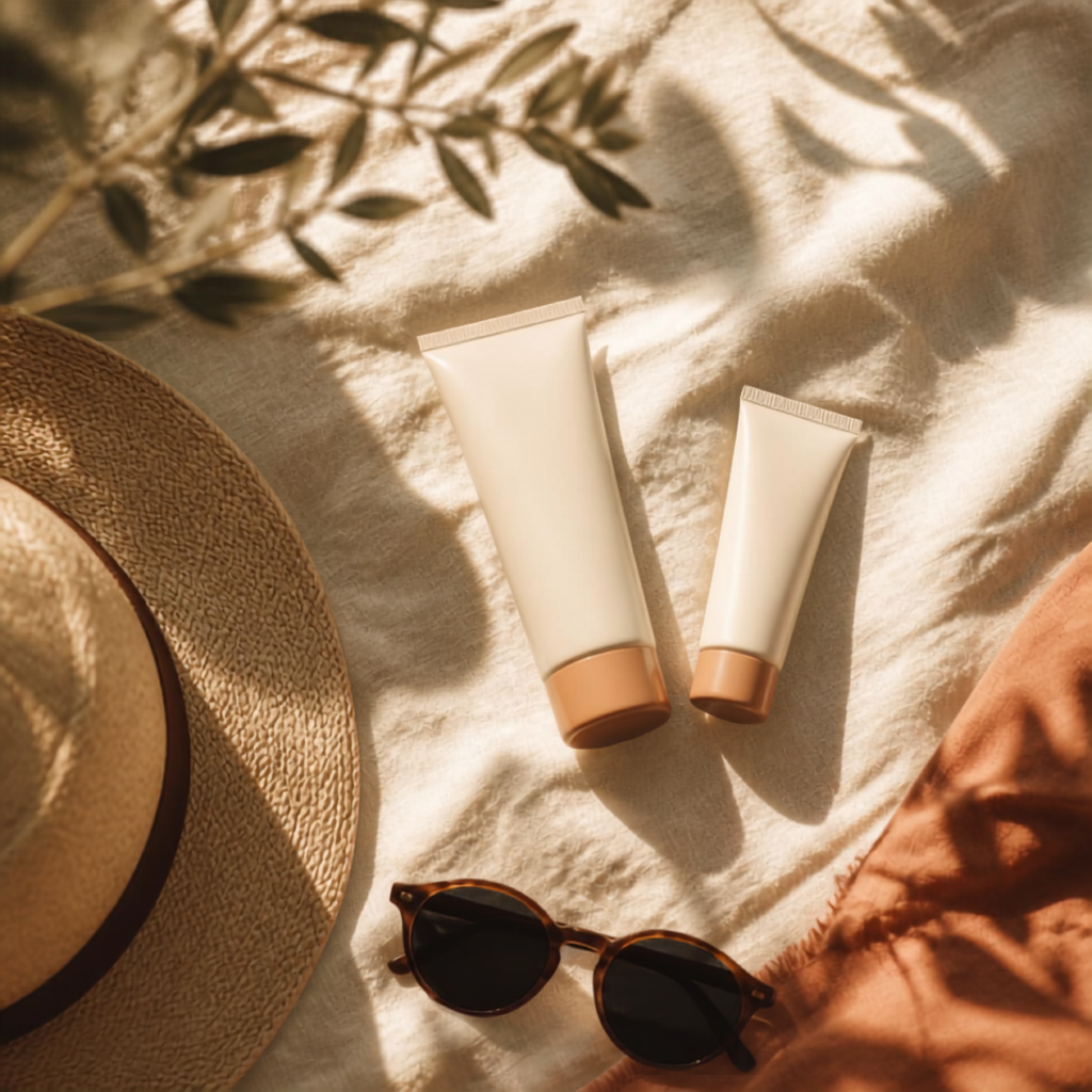 Flatlay mehrerer Sonnencreme-Tuben und ein Zweig auf hellem Leinenstoff, von oben fotografiert, als Symbolbild für Produktempfehlungen